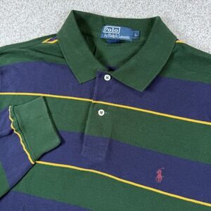 Polo Ralph Lauren Long Sleeve Striped Rugby Shirt Men's Size L Green Navy Yellow